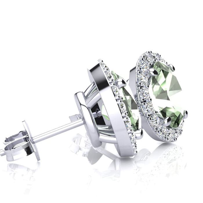 1 1/2 Carat Oval Shape Green Amethyst and Halo Diamond Stud Earrings In 14 Karat White Gold