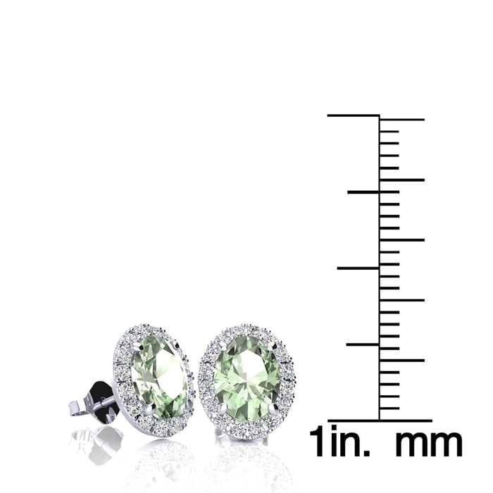 1 1/2 Carat Oval Shape Green Amethyst and Halo Diamond Stud Earrings In 14 Karat White Gold