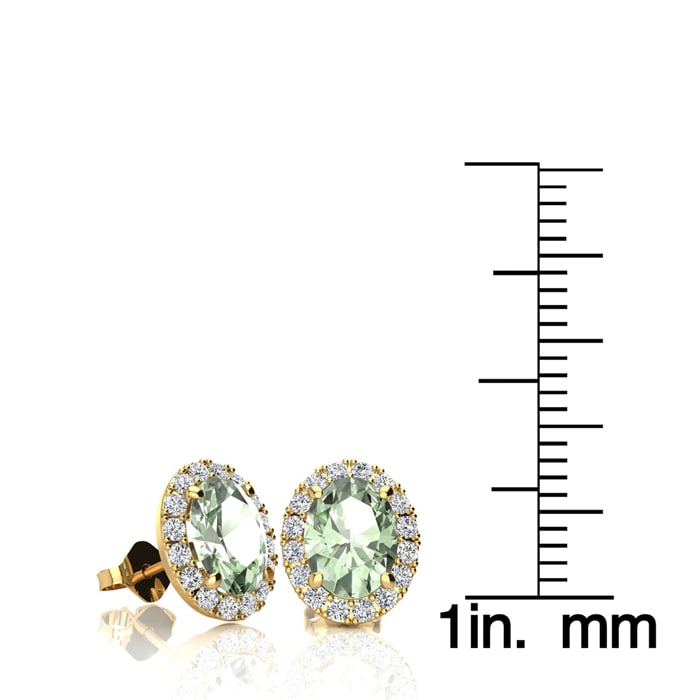 1 1/2 Carat Oval Shape Green Amethyst and Halo Diamond Stud Earrings In 14 Karat Yellow Gold