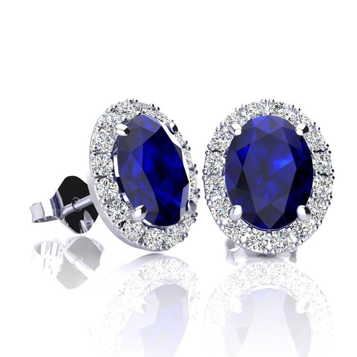 2 1/4 Carat Oval Shape Sapphire and Halo Diamond Stud Earrings In 14 Karat White Gold