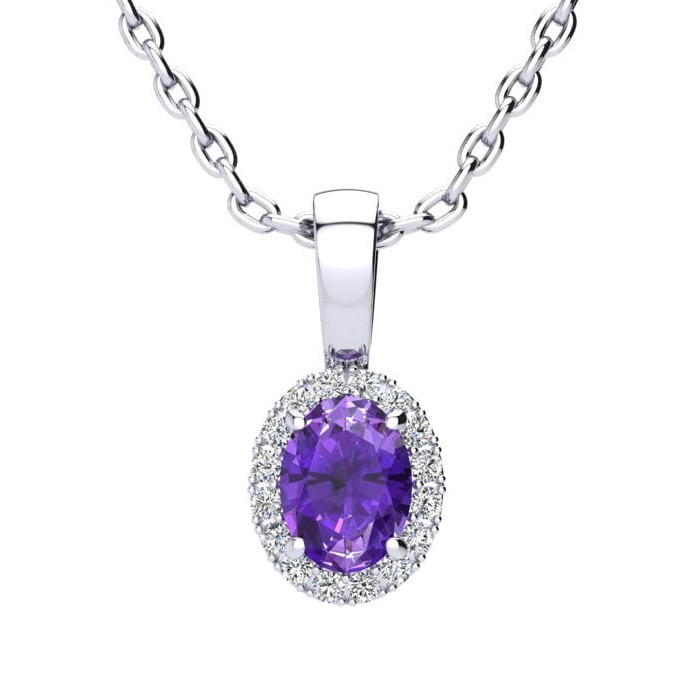 1/2 Carat Oval Shape Amethyst and Halo Diamond Necklace In 14 Karat White Gold With 18 Inch Chain