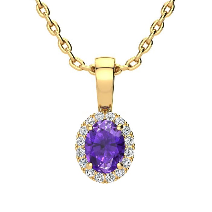 1/2 Carat Oval Shape Amethyst and Halo Diamond Necklace In 14 Karat Yellow Gold With 18 Inch Chain
