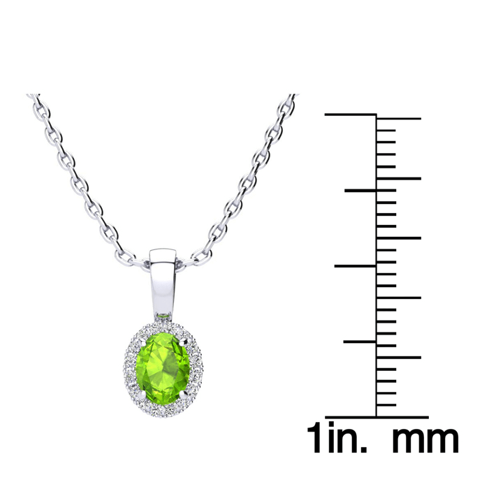 1/2 Carat Oval Shape Peridot and Halo Diamond Necklace In 14 Karat White Gold With 18 Inch Chain