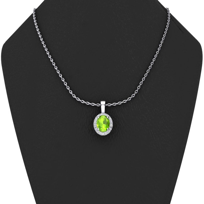 1/2 Carat Oval Shape Peridot and Halo Diamond Necklace In 14 Karat White Gold With 18 Inch Chain