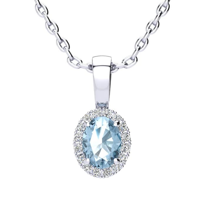 0.62 Carat Oval Shape Blue Topaz and Halo Diamond Necklace In 14 Karat White Gold With 18 Inch Chain