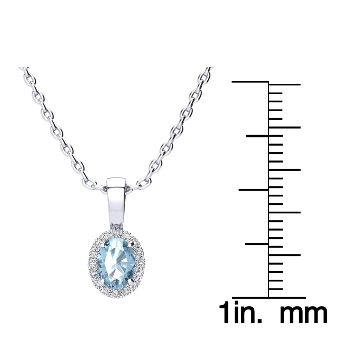 0.62 Carat Oval Shape Blue Topaz and Halo Diamond Necklace In 14 Karat White Gold With 18 Inch Chain