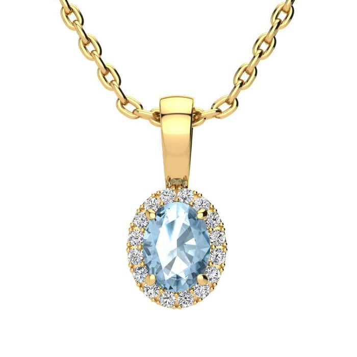 0.62 Carat Oval Shape Blue Topaz and Halo Diamond Necklace In 14 Karat Yellow Gold With 18 Inch Chain
