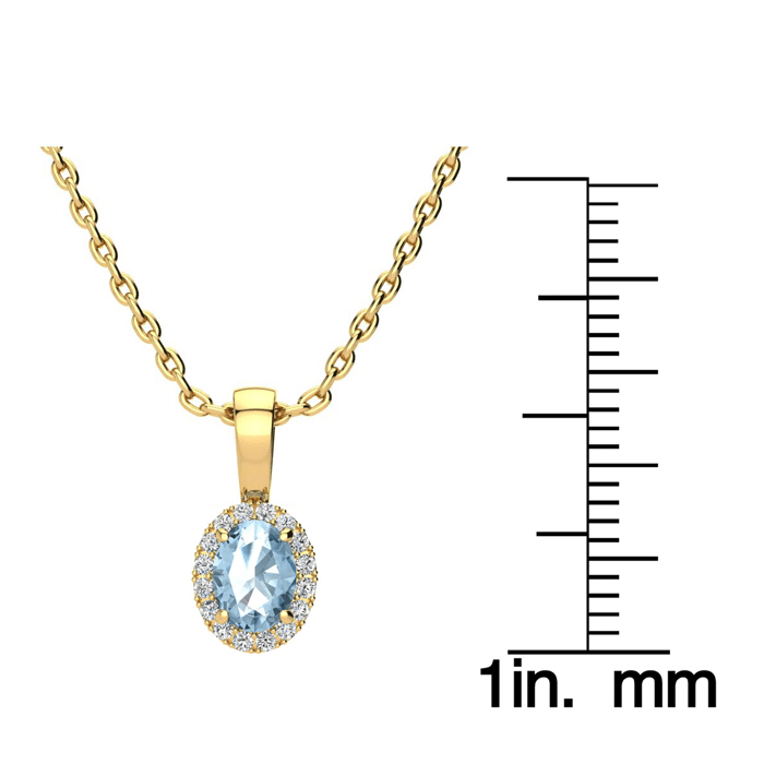 0.62 Carat Oval Shape Blue Topaz and Halo Diamond Necklace In 14 Karat Yellow Gold With 18 Inch Chain