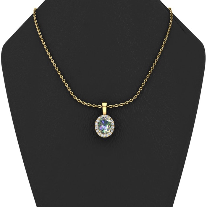 5/8 Carat Oval Shape Mystic Topaz Necklace  With Diamond Halo In 14 Karat Yellow Gold, 18 Inches