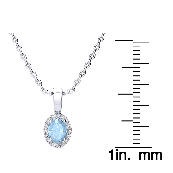 Aquamarine Necklace: Aquamarine Jewelry: 1/2 Carat Oval Shape Aquamarine and Halo Diamond Necklace In 14 Karat White Gold With 18 Inch Chain