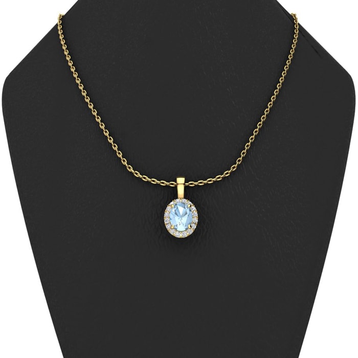 Aquamarine Necklace: Aquamarine Jewelry: 1/2 Carat Oval Shape Aquamarine and Halo Diamond Necklace In 14 Karat Yellow Gold With 18 Inch Chain