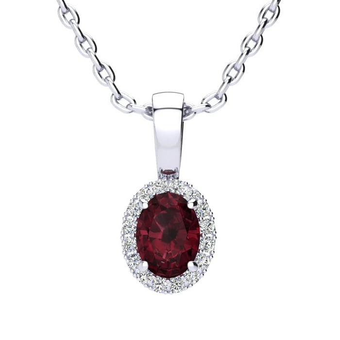 Garnet Necklace: Garnet Jewelry: 0.62 Carat Oval Shape Garnet and Halo Diamond Necklace In 14 Karat White Gold With 18 Inch Chain