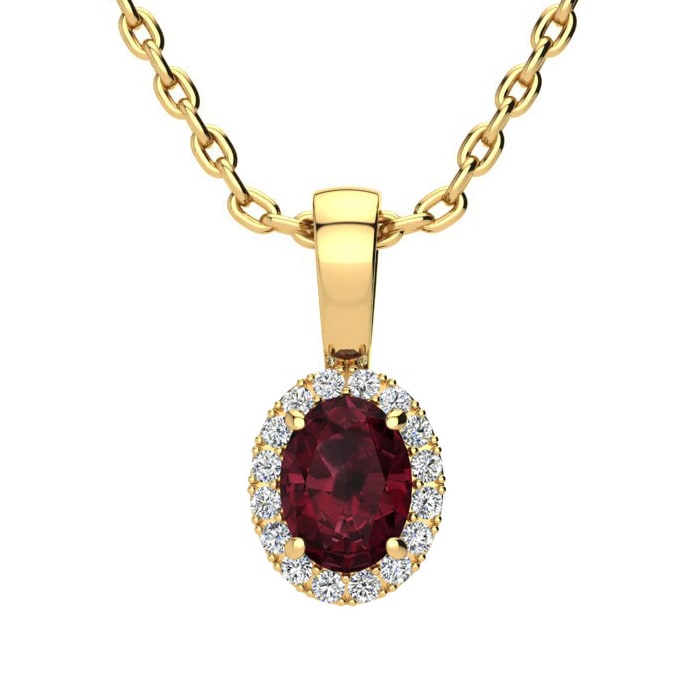 Garnet Necklace: Garnet Jewelry: 0.62 Carat Oval Shape Garnet and Halo Diamond Necklace In 14 Karat Yellow Gold With 18 Inch Chain