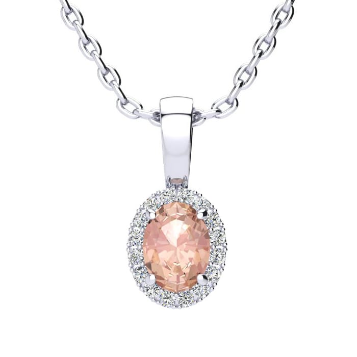 1/2 Carat Oval Shape Morganite Necklace with Diamond Halo In 14 Karat White Gold With 18 Inch Chain