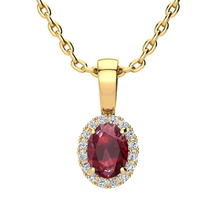 0.62 Carat Oval Shape Ruby and Halo Diamond Necklace In 14 Karat Yellow Gold With 18 Inch Chain