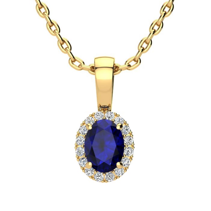 0.67 Carat Oval Shape Sapphire and Halo Diamond Necklace In 14 Karat Yellow Gold With 18 Inch Chain