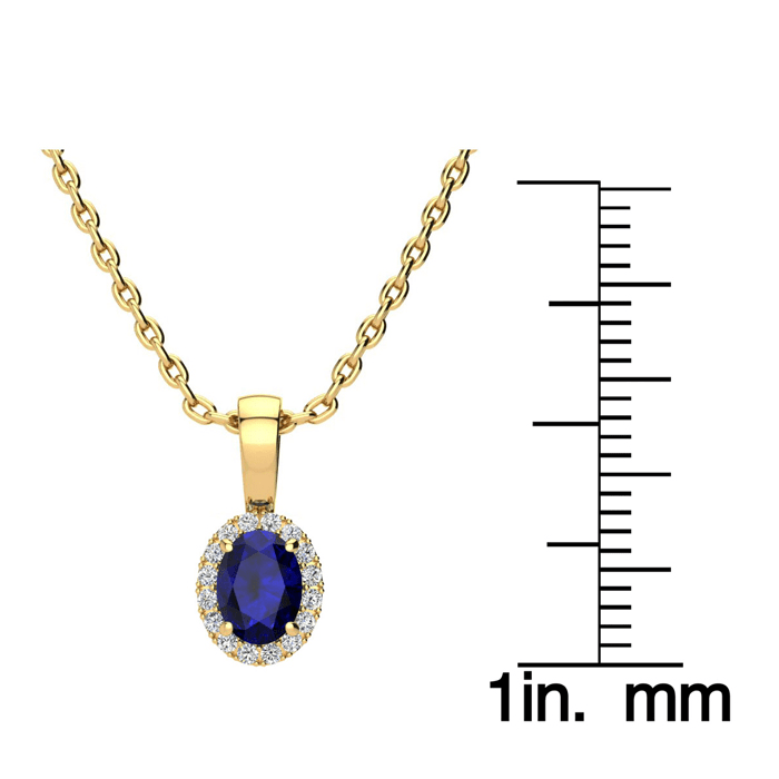 0.67 Carat Oval Shape Sapphire and Halo Diamond Necklace In 14 Karat Yellow Gold With 18 Inch Chain