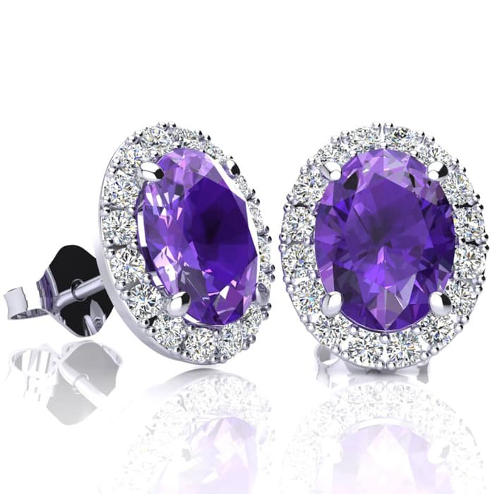 2.40 Carat Oval Shape Amethyst and Halo Diamond Stud Earrings In 14 Karat White Gold