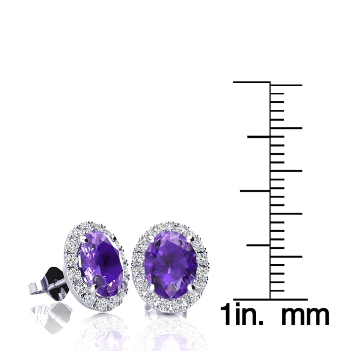 2.40 Carat Oval Shape Amethyst and Halo Diamond Stud Earrings In 14 Karat White Gold