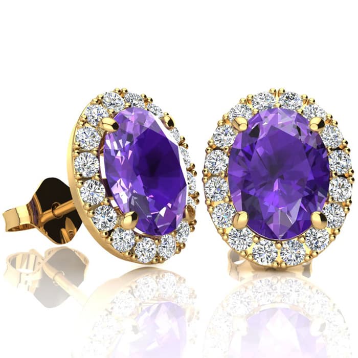 2.40 Carat Oval Shape Amethyst and Halo Diamond Stud Earrings In 14 Karat Yellow Gold