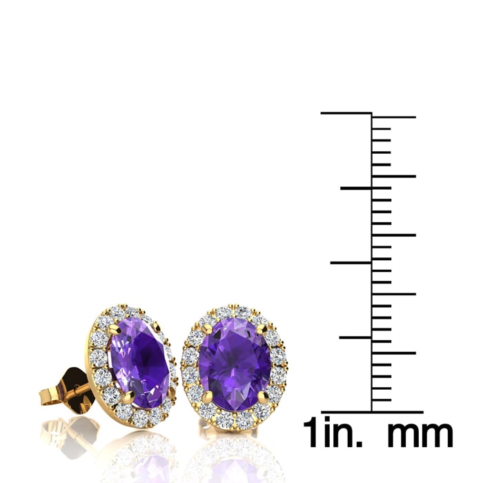 2.40 Carat Oval Shape Amethyst and Halo Diamond Stud Earrings In 14 Karat Yellow Gold