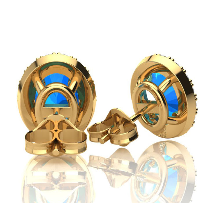 3 1/4 Carat Oval Shape Blue Topaz and Halo Diamond Stud Earrings In 14 Karat Yellow Gold