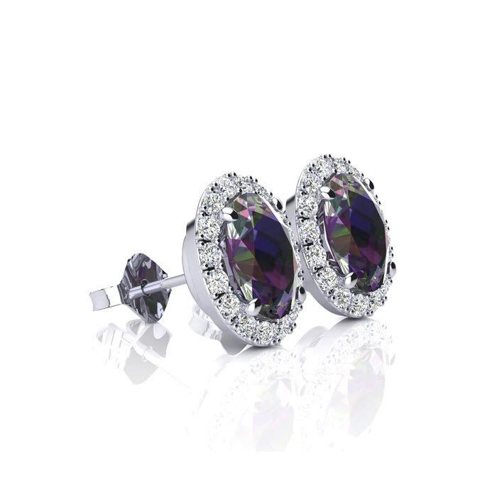 3 1/4 Carat Oval Shape Mystic Topaz and Halo Diamond Stud Earrings In 14 Karat White Gold