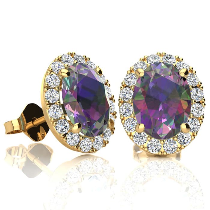 3 1/4 Carat Oval Shape Mystic Topaz and Halo Diamond Stud Earrings In 14 Karat Yellow Gold