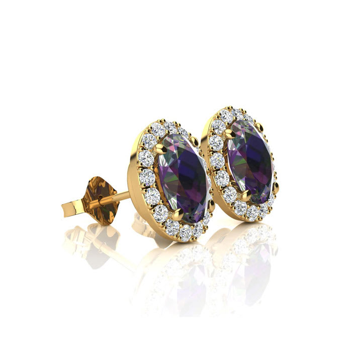 3 1/4 Carat Oval Shape Mystic Topaz and Halo Diamond Stud Earrings In 14 Karat Yellow Gold