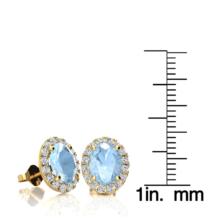 Aquamarine Earrings: Aquamarine Jewelry: 2 1/2 Carat Oval Shape Aquamarine and Halo Diamond Stud Earrings In 14 Karat Yellow Gold