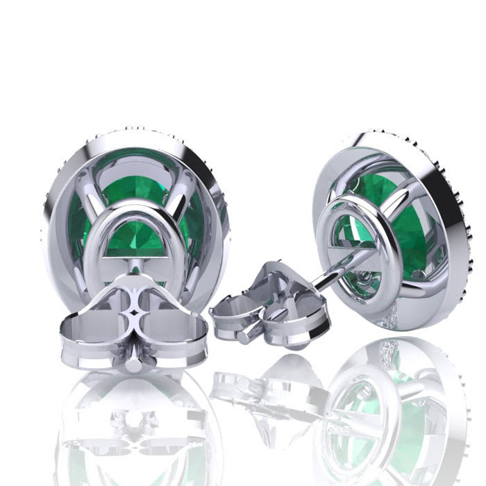 2 1/2 Carat Oval Shape Emerald and Halo Diamond Stud Earrings In 14 Karat White Gold