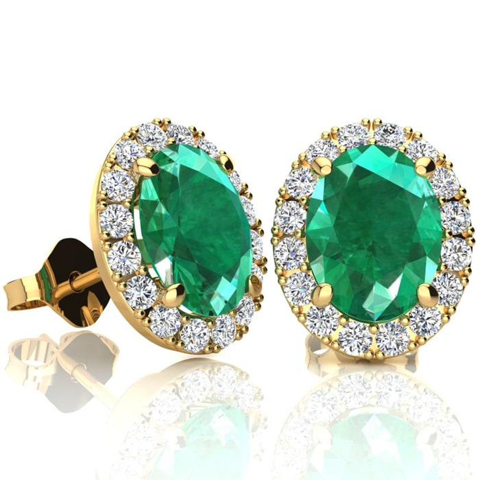 2 1/2 Carat Oval Shape Emerald and Halo Diamond Stud Earrings In 14 Karat Yellow Gold