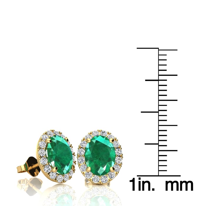 2 1/2 Carat Oval Shape Emerald and Halo Diamond Stud Earrings In 14 Karat Yellow Gold