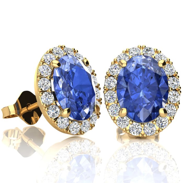 2.90 Carat Oval Shape Tanzanite and Halo Diamond Stud Earrings In 14 Karat Yellow Gold