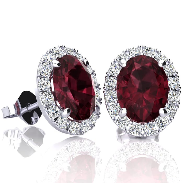 Garnet Earrings: Garnet Jewelry: 3 1/4 Carat Oval Shape Garnet and Halo Diamond Stud Earrings In 14 Karat White Gold