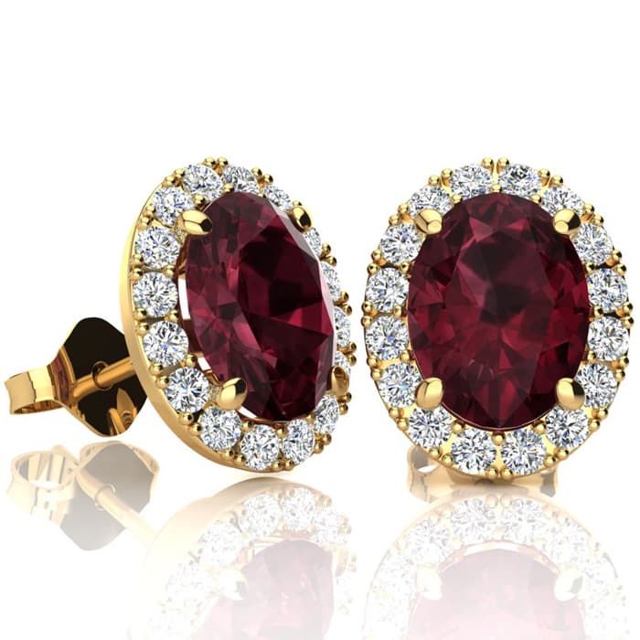 Garnet Earrings: Garnet Jewelry: 3 1/4 Carat Oval Shape Garnet and Halo Diamond Stud Earrings In 14 Karat Yellow Gold