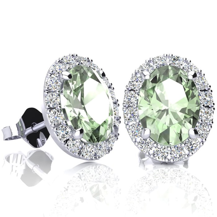 2.40 Carat Oval Shape Green Amethyst and Halo Diamond Stud Earrings In 14 Karat White Gold