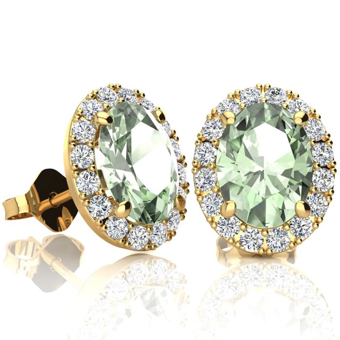 2.40 Carat Oval Shape Green Amethyst and Halo Diamond Stud Earrings In 14 Karat Yellow Gold