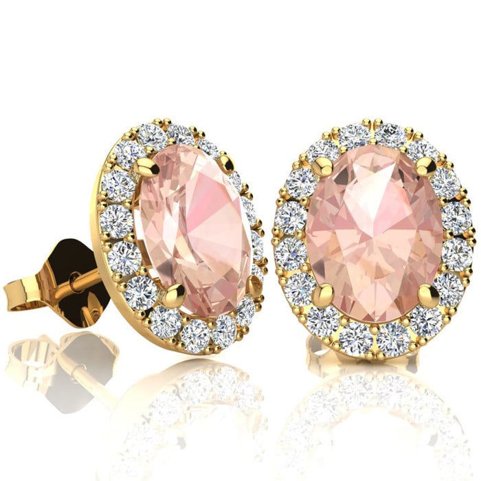 2-1/2 Carat Oval Shape Morganite Earrings and Diamond Halo In 14 Karat Yellow Gold