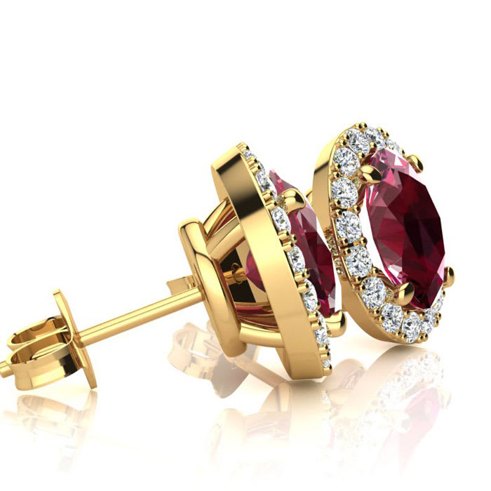 3.40 Carat Oval Shape Ruby and Halo Diamond Stud Earrings In 14 Karat Yellow Gold