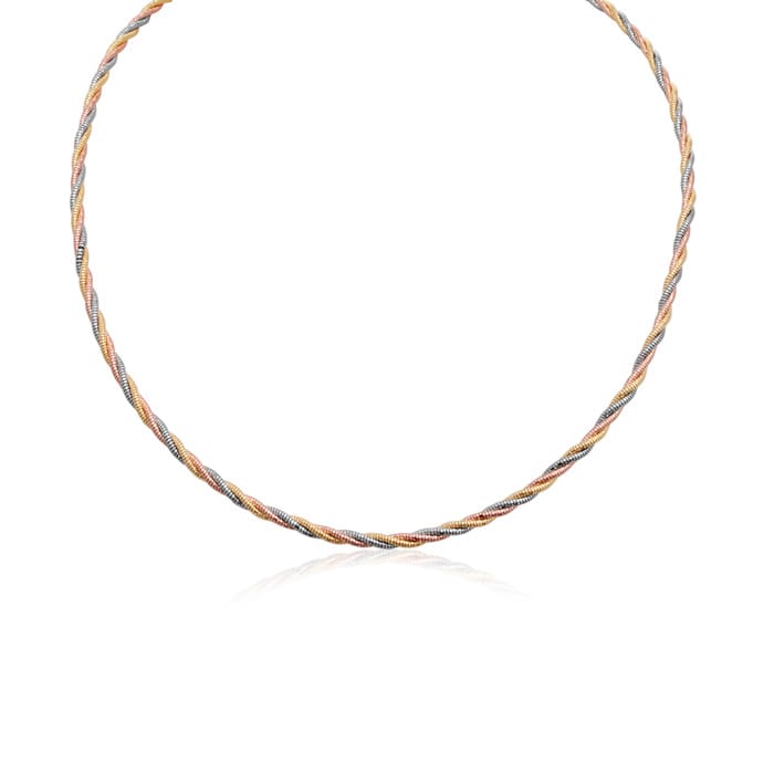 Tri Tone Twisted Omega Chain Necklace In Sterling Silver 18 Inches