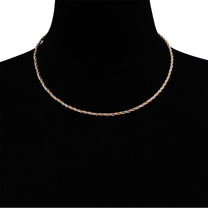Tri Tone Twisted Omega Chain Necklace In Sterling Silver 18 Inches