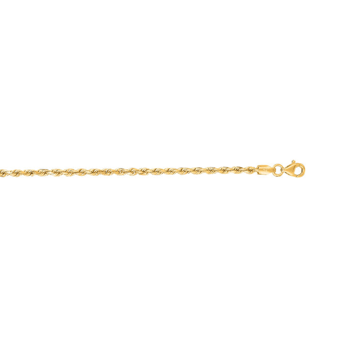 14 Karat Yellow Gold 2.50mm 7 Inch Solid Diamond Cut Rope Chain