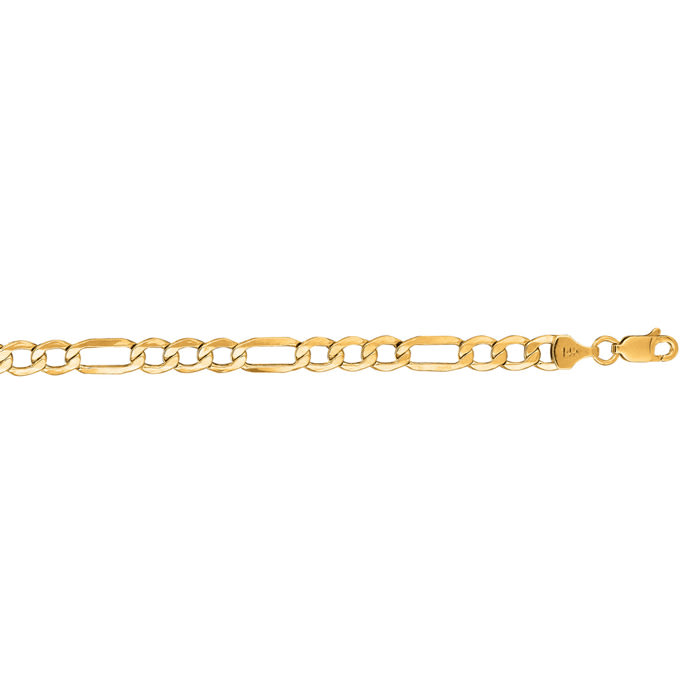 14 Karat Yellow Gold 5.4mm 24 Inch Diamond Cut Light Figaro Chain