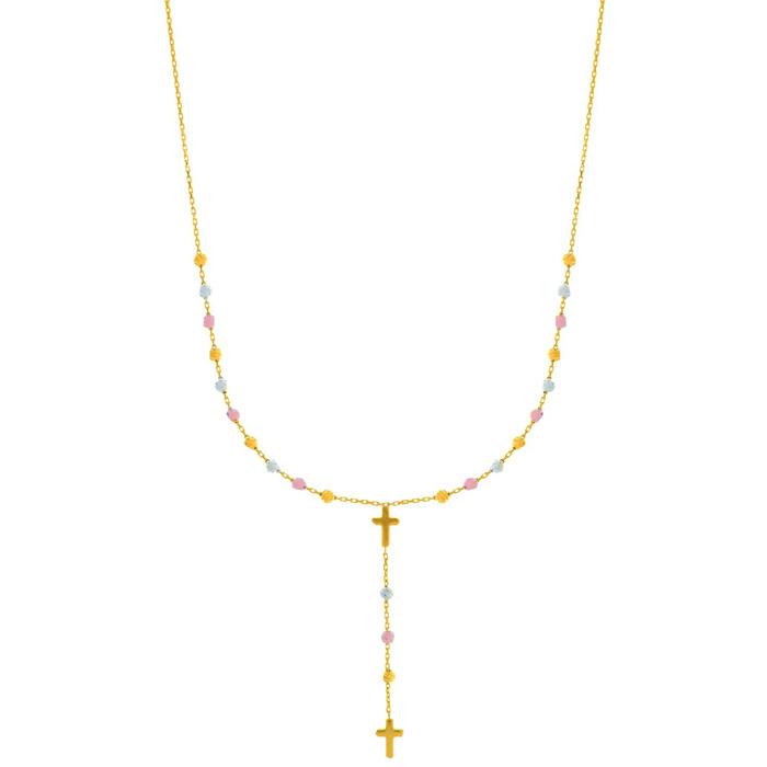 14 Karat Yellow, White & Rose Gold 17 inch Beaded Lariat Rosary & Cross Necklace