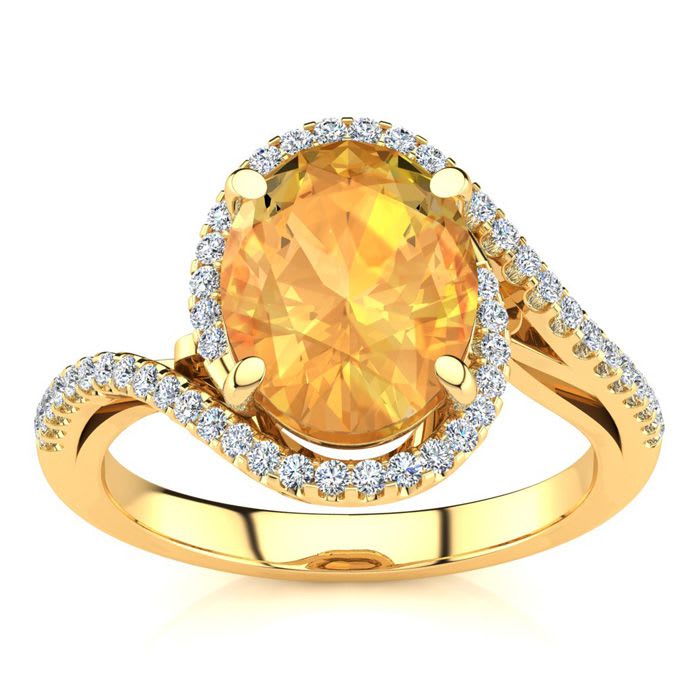 2 1/2 Carat Oval Shape Citrine and Halo Diamond Ring In 14 Karat Yellow Gold