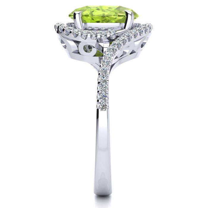 2 3/4 Carat Oval Shape Peridot and Halo Diamond Ring In 14 Karat White Gold
