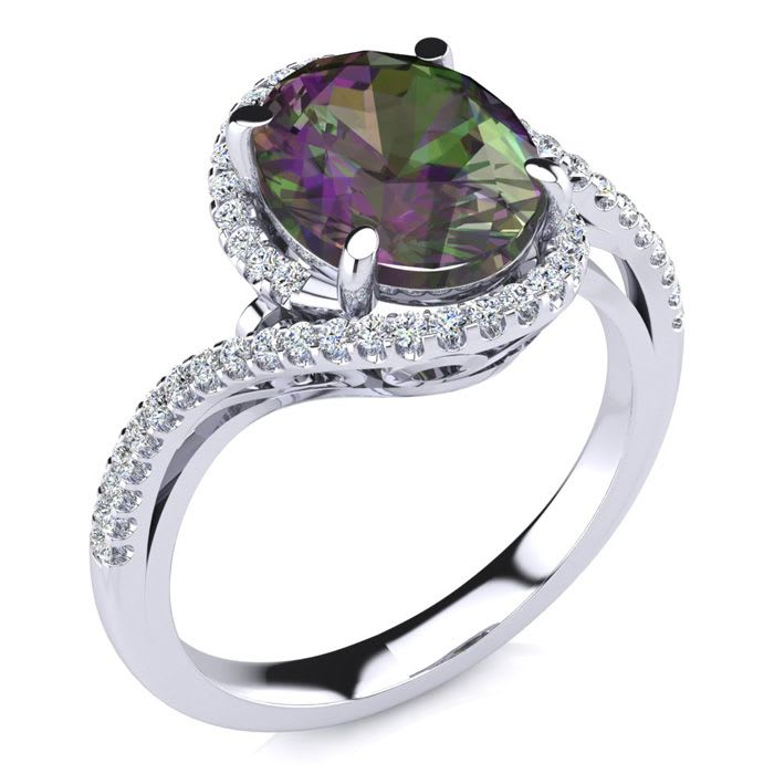 2-1/2 Carat Oval Shape Mystic Topaz Ring With Curving Diamond Halo In 14 Karat White Gold