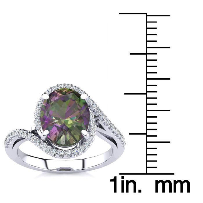 2-1/2 Carat Oval Shape Mystic Topaz Ring With Curving Diamond Halo In 14 Karat White Gold