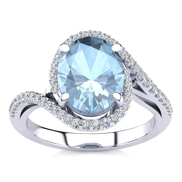 Aquamarine Ring: Aquamarine Jewelry: 2 1/2 Carat Oval Shape Aquamarine and Halo Diamond Ring In 14 Karat White Gold